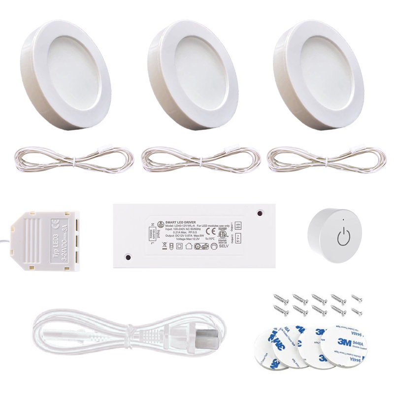  Paquet de 3 mini-rondelles 4000K avec gradateur sans fil 12V 1,8 W / pièce pour éclairage sous l'armoire, Blanc