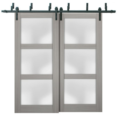 Portes coulissantes de style grange avec verre dépoli Lucia 2552 Ginger Ash, rails robustes de 2 m, quincaillerie incluse, portes de placard de chambre en bois massif - 60 x 96 (2 x 30 x 96)