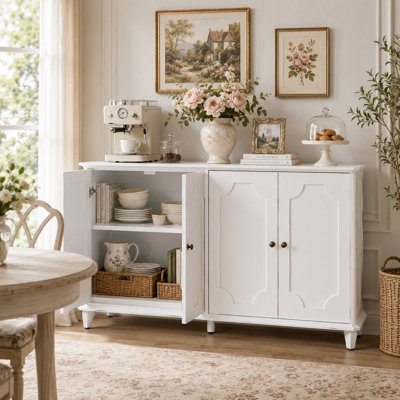 Buffet 63 "avec 4 portes décoratives incurvées et crédence blanche patinée