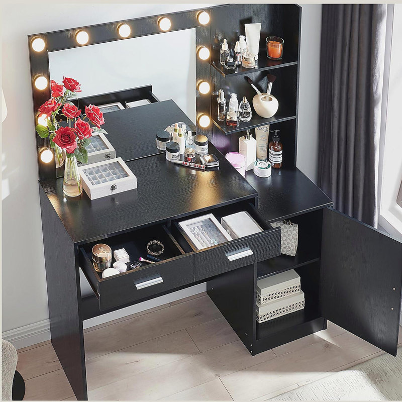 Meuble-lavabo avec miroir et lumières, coiffeuse 46,4 po avec 2 grands tiroirs et grand organisateur vertical, commode à 3 niveaux et 3 modes d'éclairage à luminosité réglable, convient à la chambre à coucher (noir)