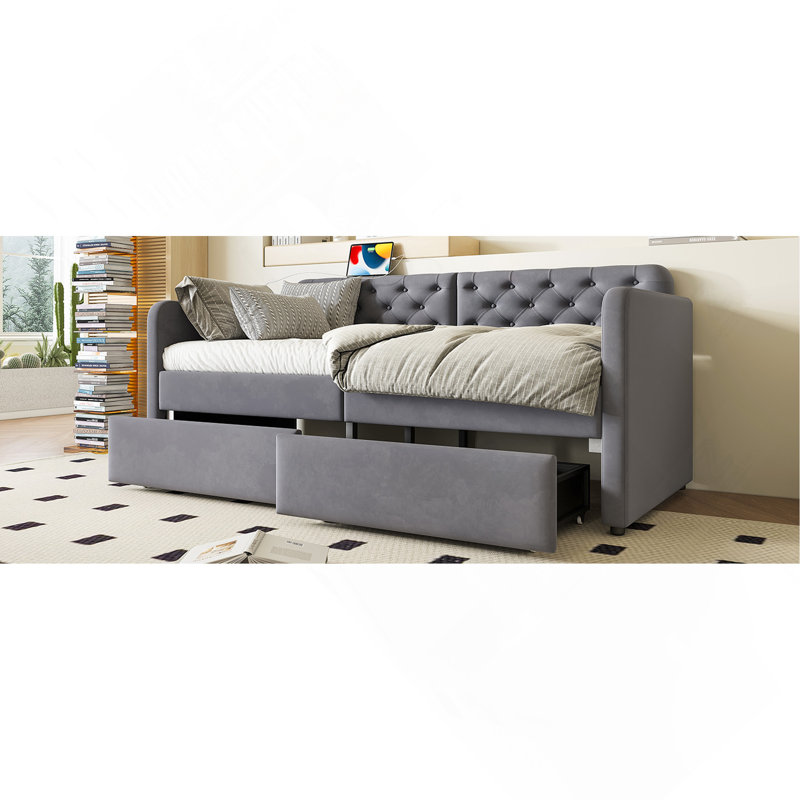 Lit de jour double en velours peluche avec 2 tiroirs de rangement et station de chargement USB, gris pâle
