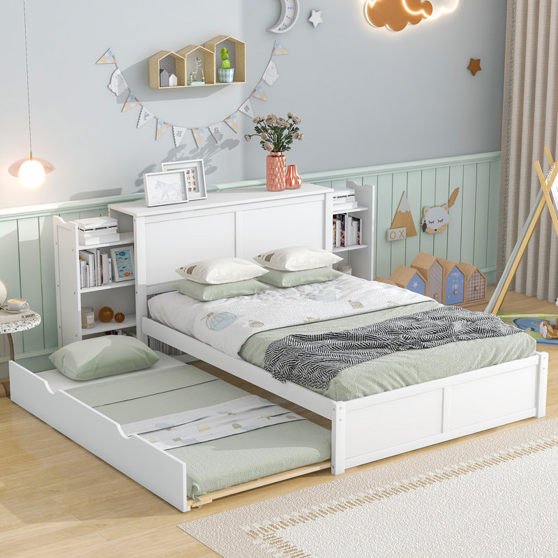 White Full Storage Platform Bed with Pull-Out Shelves and Trundle, Solid Pine Wood, Full