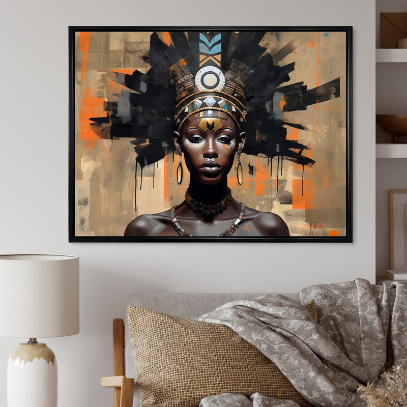 Tribal Queen contemporain africain, Cadre flottant noir, H 34 po x l 44 po