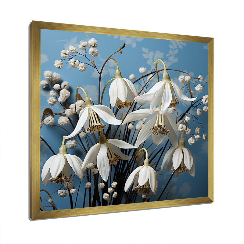 Minimalisme bleu et blanc «Snowdrops Bloom IV», reproduction sur toile, H 16 po x l 16 po x P 1 po, Cadre doré simple
