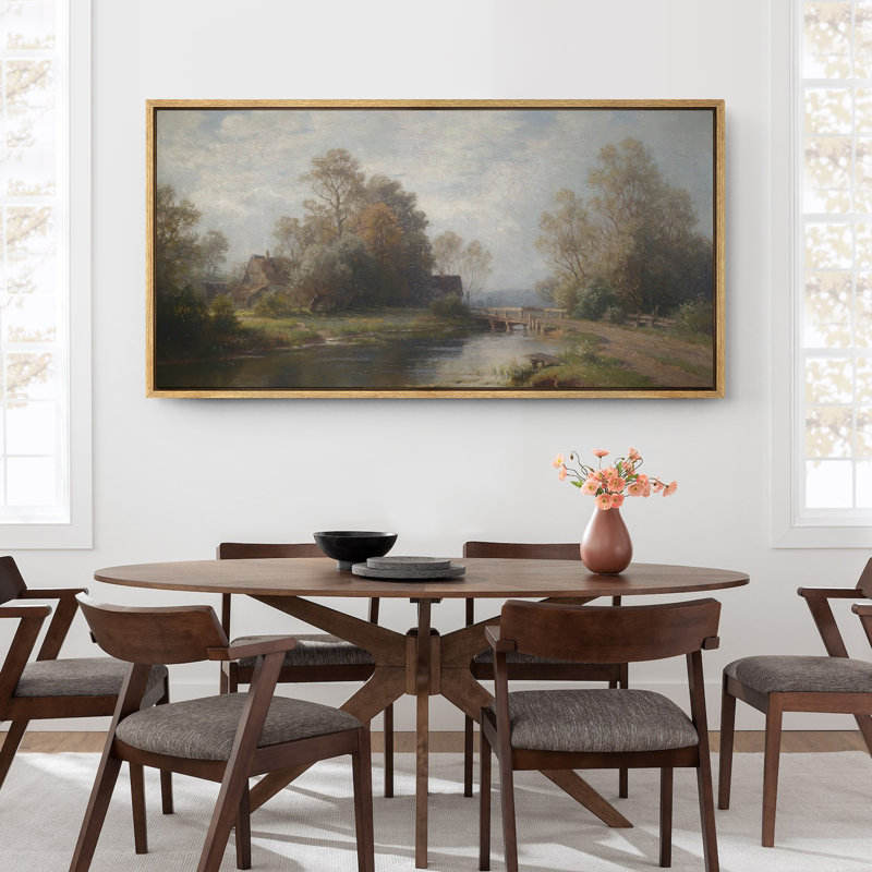 Countryside Cottage by River Large Framed Canvas Print Wall Art - Classic Landscape Decor, Natural, 30" H x 60" W