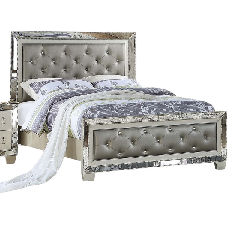 Glamorous Silver Faux Leather Tufted Headboard FB 1Pc California King Size Bed Mirror Trim Bedroom Furniture