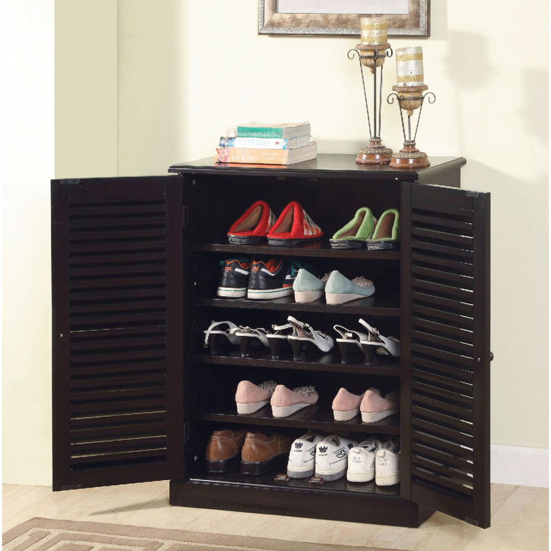 Range-chaussures avec 5 tablettes et teintes réglables, portes à persiennes pour la fraîcheur, bois massif et fabrication, 30 po de profondeur, 15 de largeur, 34,5 de hauteur de couleur, circulation d'air améliorée, tablettes, matériau,