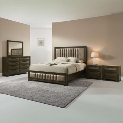 Boudin King Size Bed with 5-Piece Bedroom Set Including Dresser, Mirror and 2 Nightstands in Walnut, Contemporary Solid Wood and Ash Design