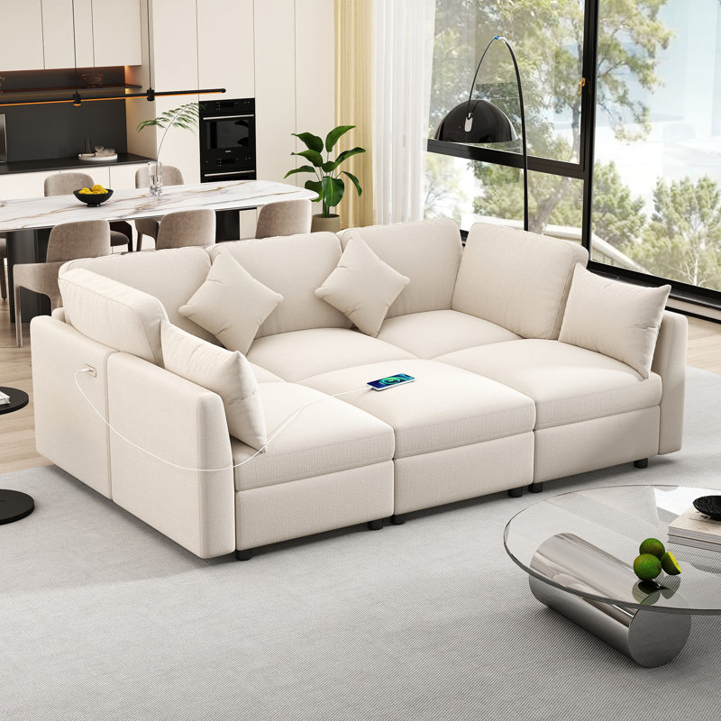 86,6 po Canapé modulaire Canapé modulaire en U Canapé-lit Canapé-lit en L avec repose-pieds mobile et deux ports USB pour le salon