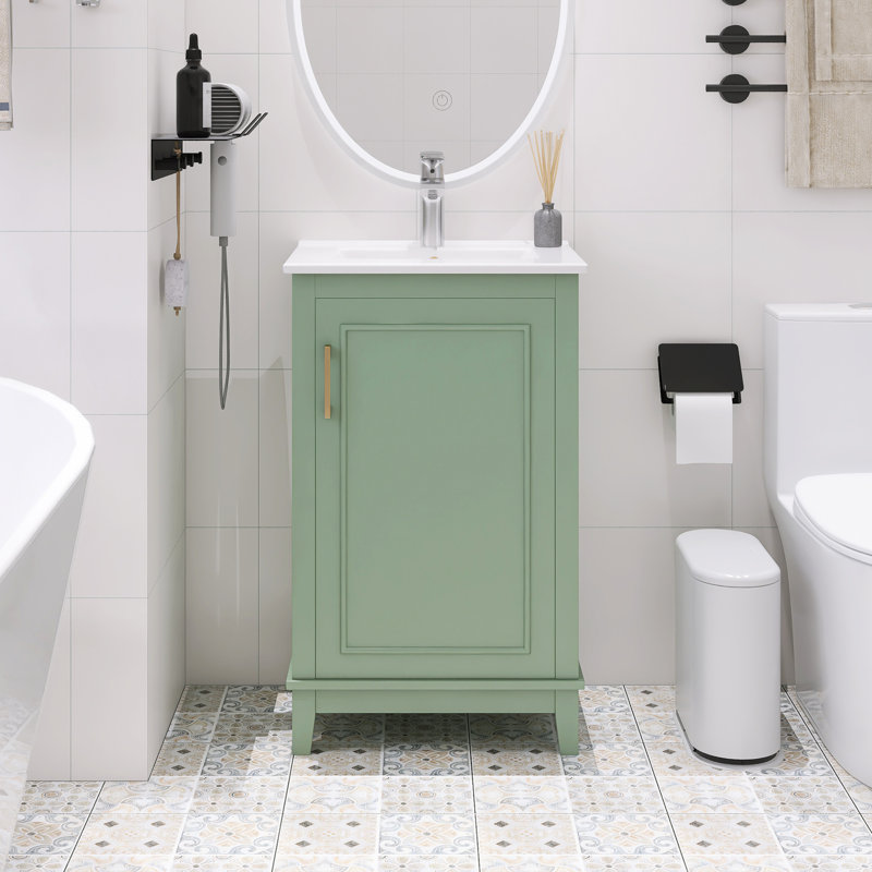 Petit meuble-lavabo sur pied 20 po avec lavabo en céramique blanc, Vert/doré