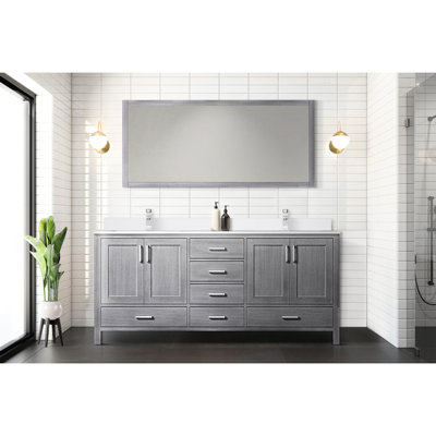 72 po L x P 22 po. Double meuble-lavabo gris avec comptoir en marbre, robinet et miroir 28 po