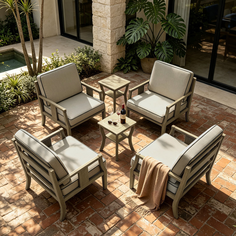 Ensemble de conversation d'extérieur en teck pour quatre personnes avec coussin et deux tables d'appoint, Chameau clair, Brun