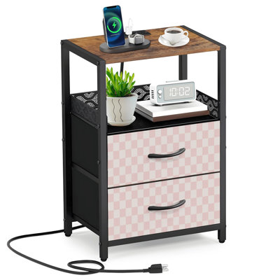 Table de chevet 2 tiroirs en tissu avec station de charge en mosaïque rose et blanc à damier