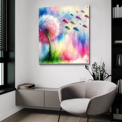  «Dandelion Fly Away 1» par Rey Klimt, art mural en verre acrylique, 36 po x 36 po