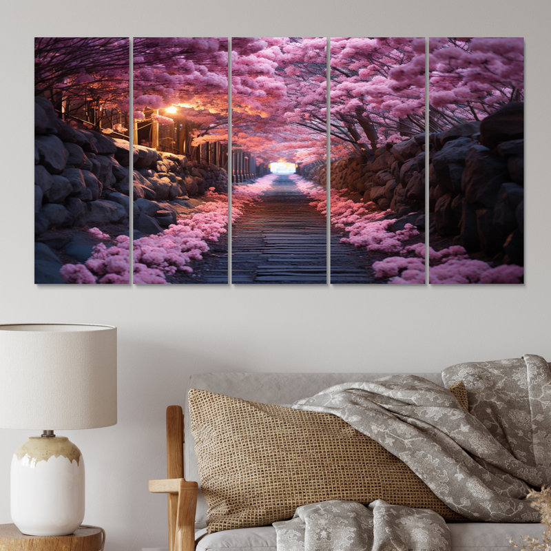 «Pink Tranquil Flowers Twilight», reproduction sur toile florale, 5 panneaux égaux