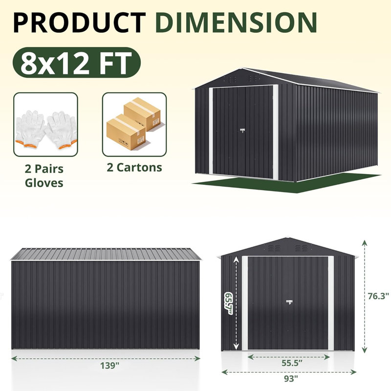 VIWAT 8 ft. W x 12 ft. D Galvanized Steel Outdoor Storage Shed, 8x12 FT, No
