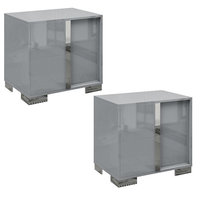 Table de chevet moderne lustrée 23,6 po avec poignée à tirer électrolytique Mercidieu, gris, ensemble de 2, Gris