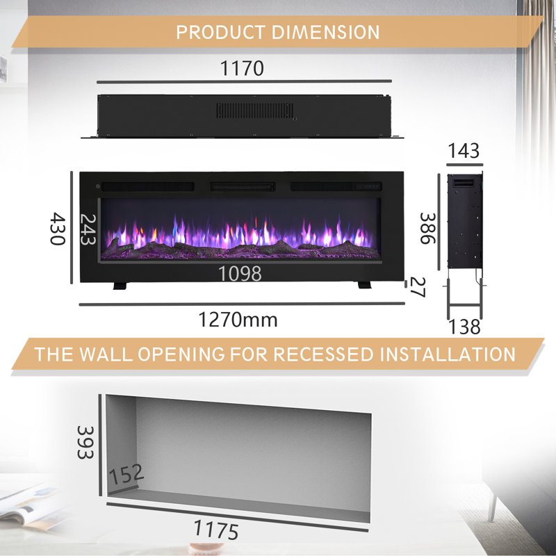 FLAMEKO Wilton Electric Fireplace, Wall Mounted, Recessed, Logs & Crystals Included, 9 Colour Flame Effect, 1.8kW Heater