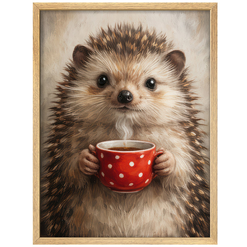 Cute Hedgehog Framed Wall Art Prints - Hedgehog holding red mug, for bedroom, H 14 po x l 11 po, Naturel