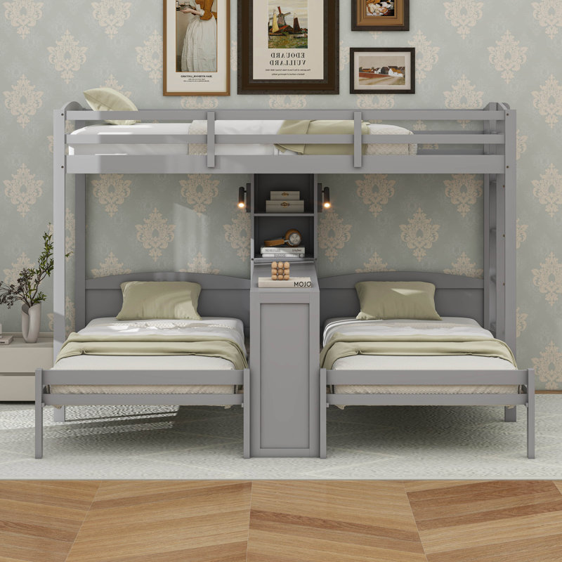 Lit superposé simple au-dessus de simple et simple avec bureau intégré et tablettes de rangement, lampe de lecture, Gris