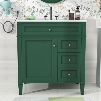 Meuble-lavabo simple en bois avec lavabo en céramique et multi-rangement Epke