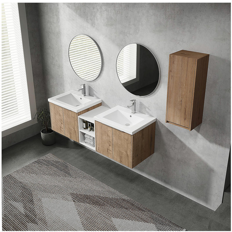 Lavabo de salle de bain mural avec lavabo et armoire latérale, porte à fermeture en douceur, 59"