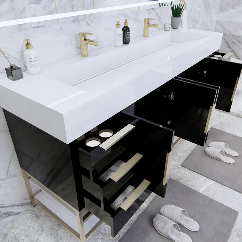 Ensemble de meuble-lavabo double 71 po Ridley, Noir très lustré, Blanc lustré