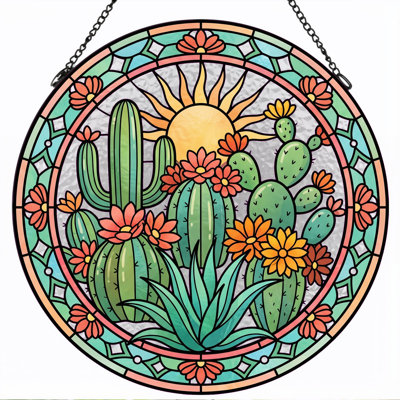 Cactus Sun Stained Glass Window Panel，7.8H