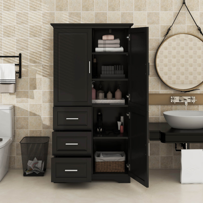 Tall And Wide Storage Cabinet With Doors, Three Drawers, Black