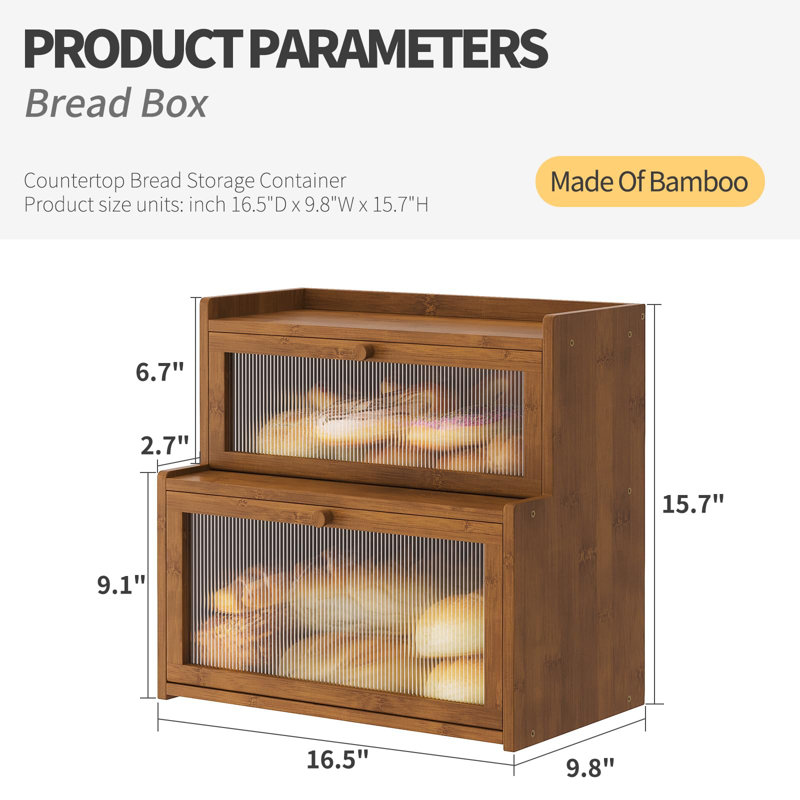 Boîte à pain à double couche en bambou pour comptoir de cuisine, porte-pain, rangement de pain de comptoir avec fenêtre (noir)