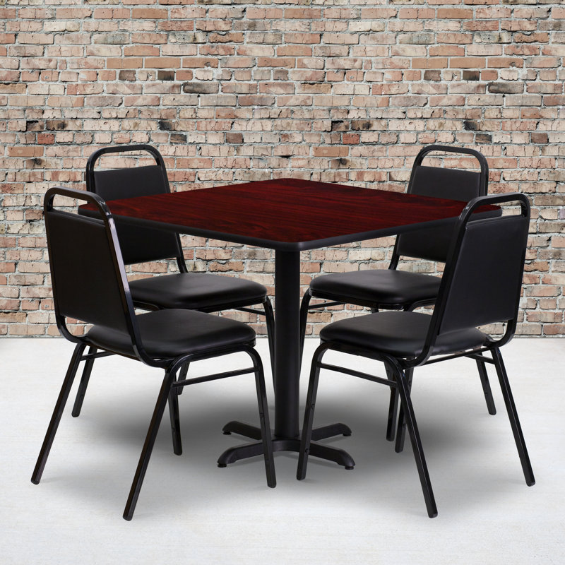 36'' Square Laminate Table Set with X-Base and 4 Trapezoidal Back Banquet Chairs, Mahogany