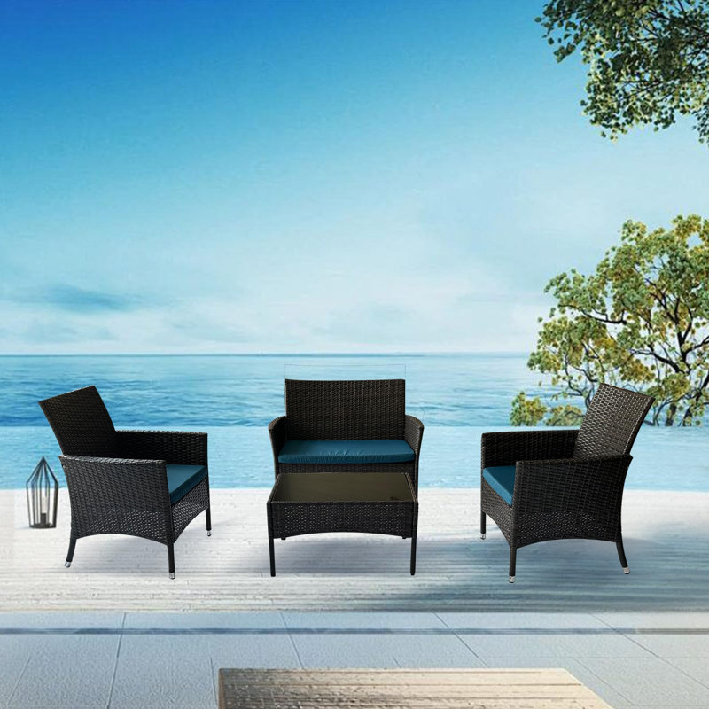 Ensemble de meubles de patio 4 pièces avec coussins, Bleu paon, Marron foncé