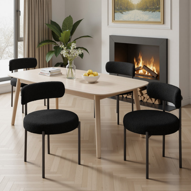 Dining Chairs Modern Teddy Fabric Upholstered Chairs with Curved Backrest and Black Metal Legs, White, 4
