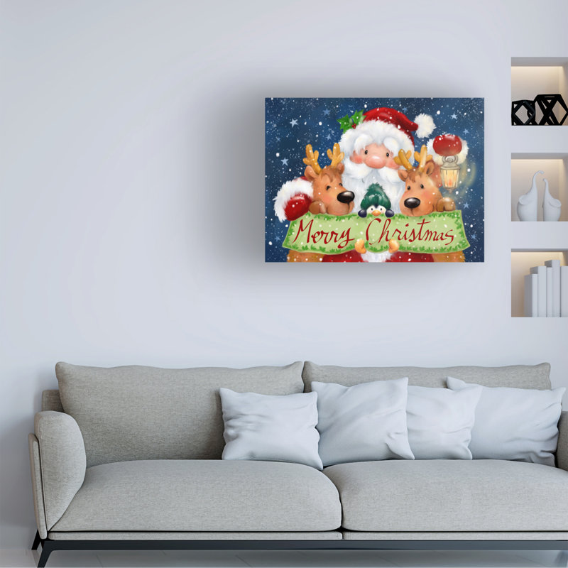 Jean Jean Père Noël et 2 rennes, art sur toile, H 14 po x l 19 po