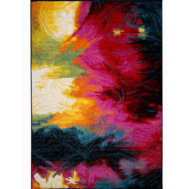 Tapis noir / rose à motif abstrait Olgethorpe, Rectangulaire de 3 pi 3 po x 4 pi 3 po