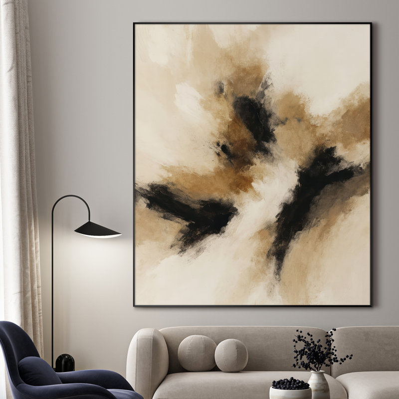 Très grand art mural imprimé sur tissu - Chaleur neutre, dynamique et noire, motifs abstraits pour la décoration de salon ou de chambre à coucher - «Assemblage requis du cadre (cadre non fini)»
