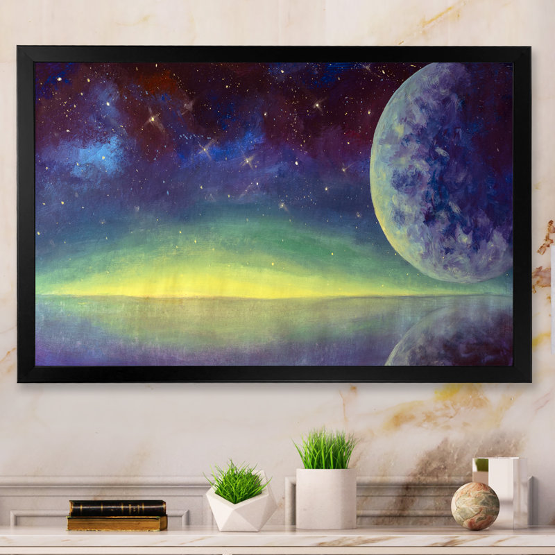 «Fantasy Boreal Galaxy Moon», reproduction sur toile flottante, Cadre noir, H 8 po x l 12 po x P 1 po