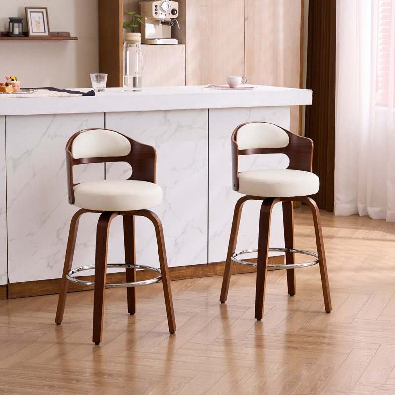 Set of 2 Bar Stools, Modern Wood Swivel Bar Chairs with Cushioned Seat, Easy Clean Faux leather Upholstery, Sturdy Kitchen Island & Home Bar Stools, Easy Assembly,White
