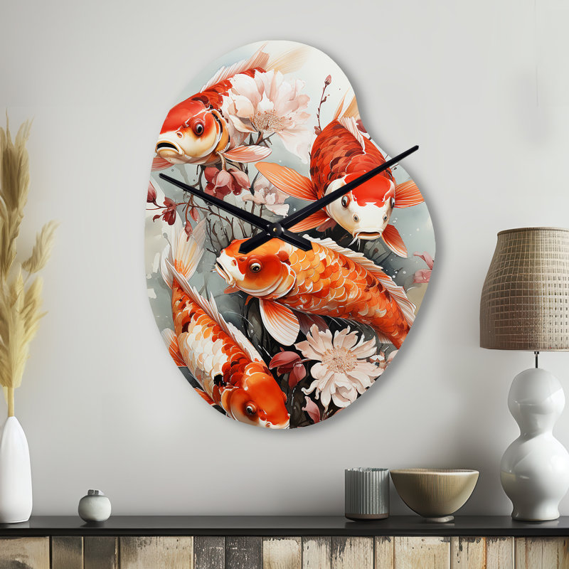 Pêche, pêche contemporaine, poisson Koi I - corail, forme irrégulière, horloge murale, Grand