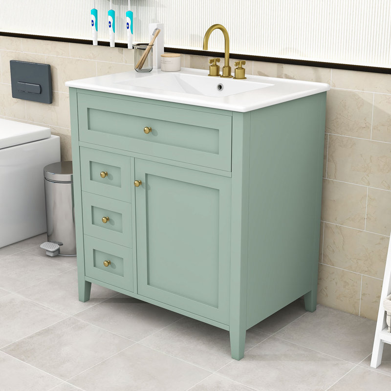 Meuble-lavabo moderne compact avec lavabo en céramique, tiroirs de rangement et tablette réglable, Vert
