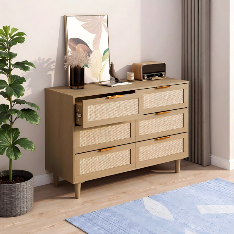 Commode 6 tiroirs en rotin avec rangement au fini chêne