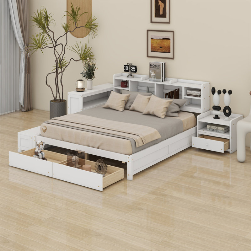 Lit plateforme en bois avec espace de rangement multifonctionnel, table de chevet, tiroirs, ports USB et bureau, Blanc