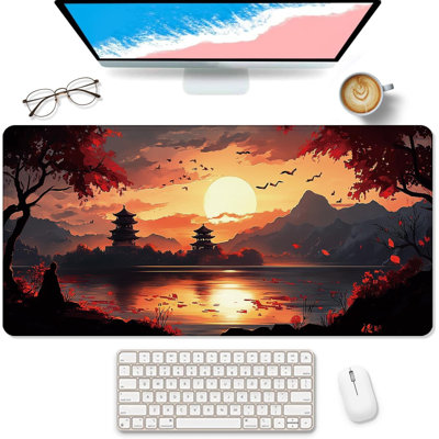 Red Maple Mountain Large Mouse Pad Desk Mat, Oriental Lake Sunset Chinese Landscape Extended Gaming Mousepad, Non-Slip Desk Pad for Home Office Work, 15.7 x 35.54 in