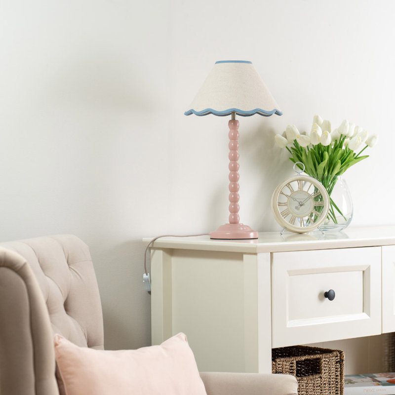 Nephi Bobbins Painted Table Lamp with Tapered Natural Linen Trim Scallop Shade, Natural Linen with Blue Trim, Pink, No