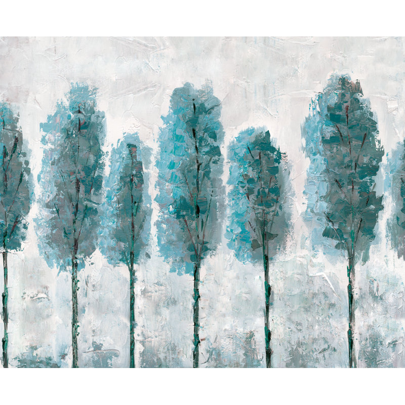 Teal Treeline - Painting Print, 61cm H x 91cm W, Black Floater Framed