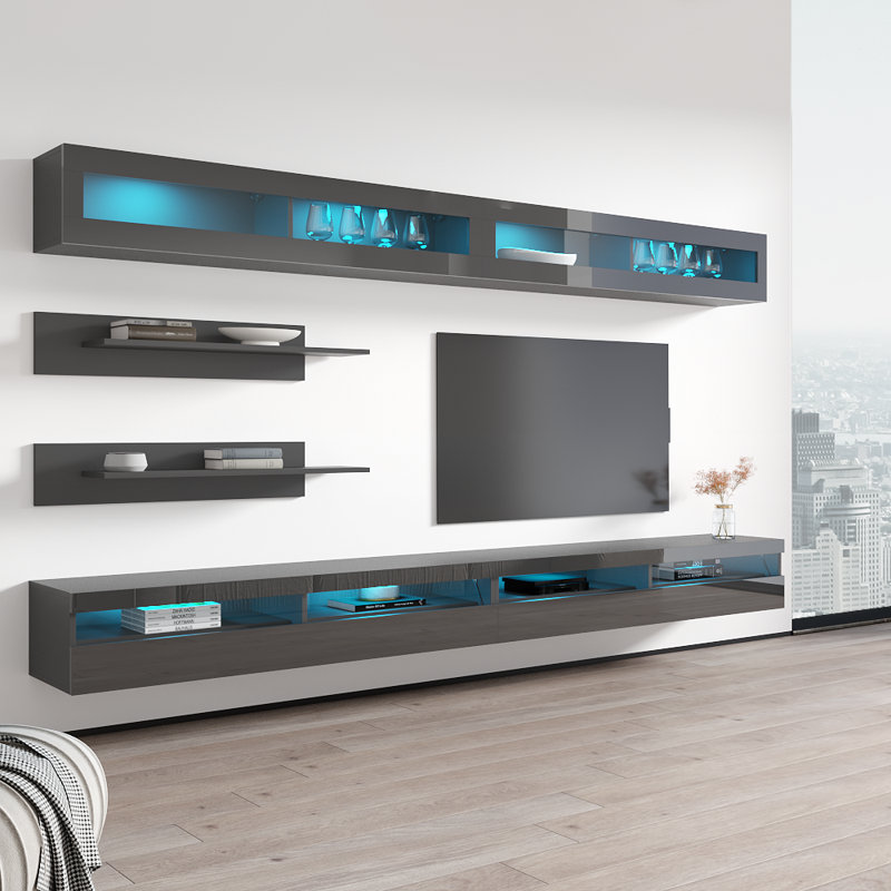 Cailynn 126" Modern Floating Wall Mounted Entertainment Center with 16-Color LED Lighting, High Gloss Finish