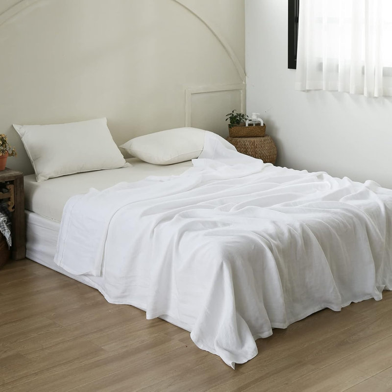 French Flat Sheet With Embroidered Border-100% Stone Washed Flax Bedding, White, Queen