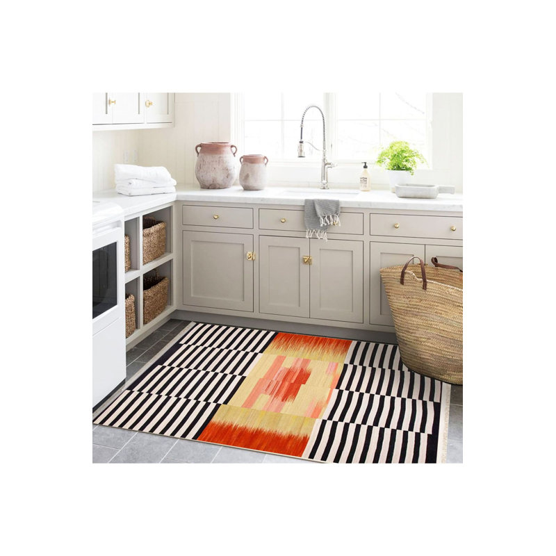 Tapis décoratif géométrique à rayures orange lavable à la machine, Sous-tapis rectangulaire de 3 pi 3 po x 4 pi 11 po