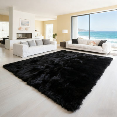 Tapis noir moelleux doux en fausse peau de mouton