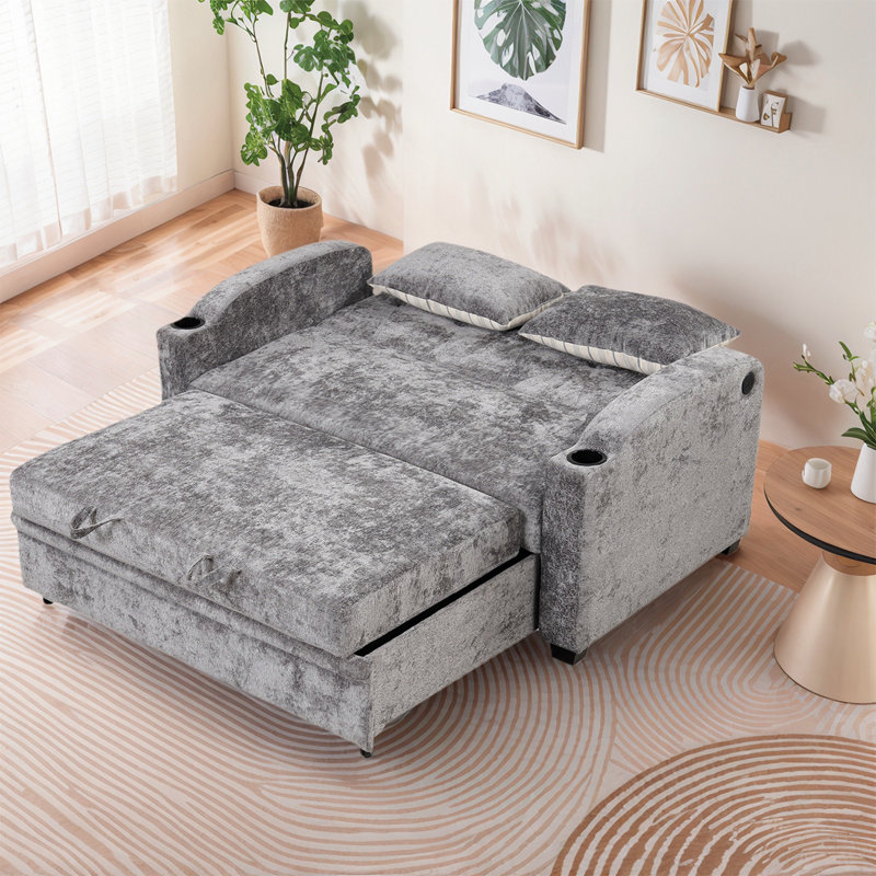 Causeuse-lit à dossier coulissant moderne avec dossier réglable en chenille avec ports USB et porte-gobelets, Gris